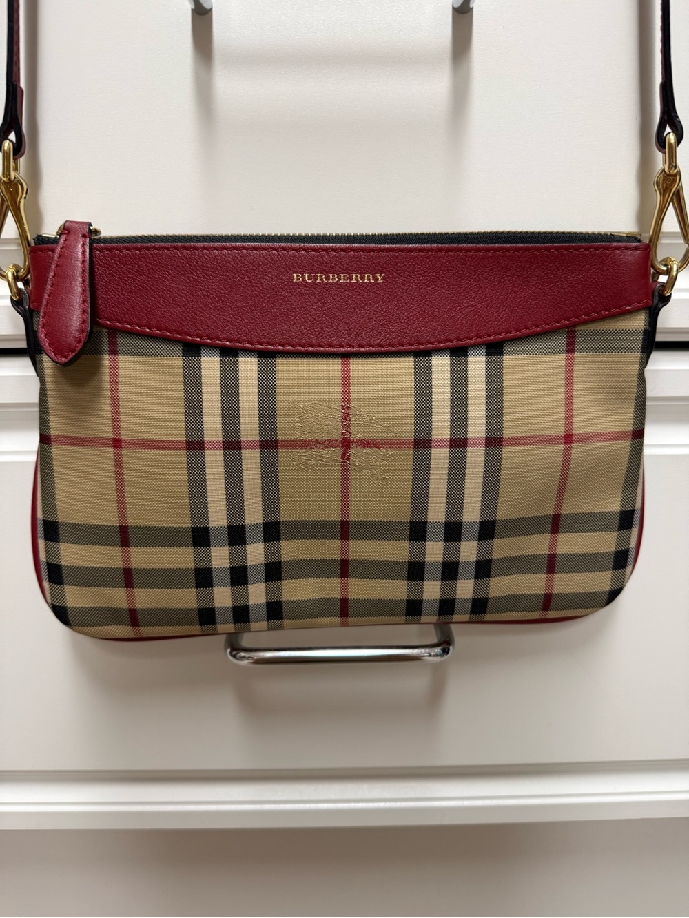 Burberry Beige Check Crossbody with Red Trim